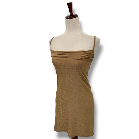 Karen Millen Gold Shimmer Mini Dress Size Small Draped Scoop Neck Stretchy Party - Picture 7 of 10
